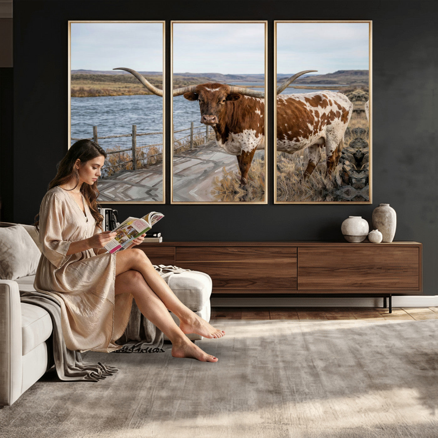 91575949-MGV-CV-36X24 - Texas Longhorn Cattle in Desert Pasture Wall Art Canvas Print - Rustic Western Decor