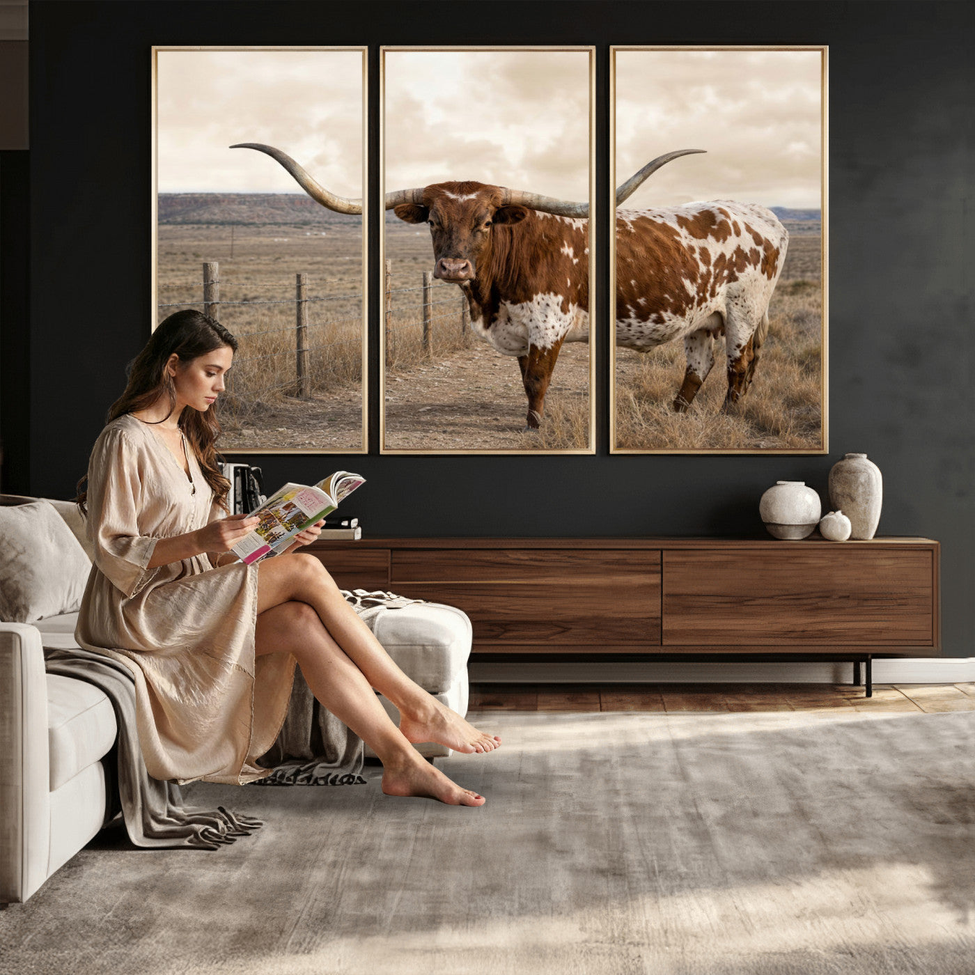 22808364-MGV-CV-36X24 - Texas Longhorn Cattle in Desert Pasture Wall Art Canvas Print - Rustic Western Decor