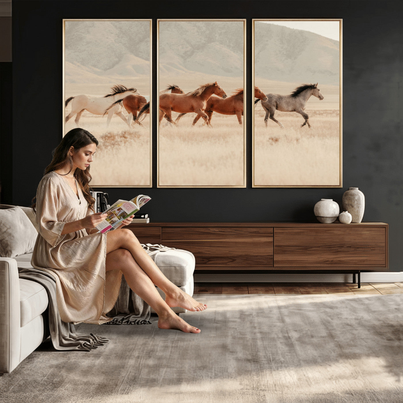 43348446-MGV-CV-36X24 - Herd of Wild Horses Running in Desert Mountain Wall Art Canvas Print - Boho Western Landscape