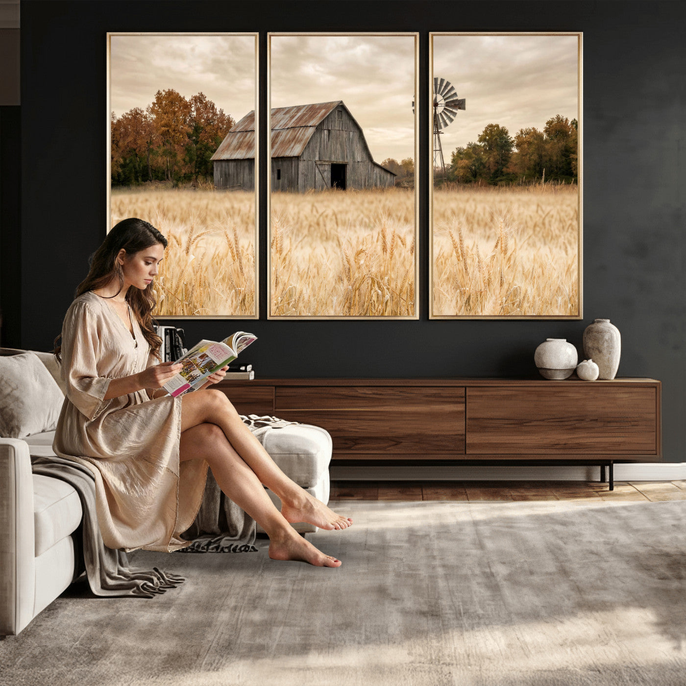 99640659-MGV-CV-36X24 - Rustic Farmhouse Barn and Windmill Wall Art Canvas Print, Country Landscape Photography Print