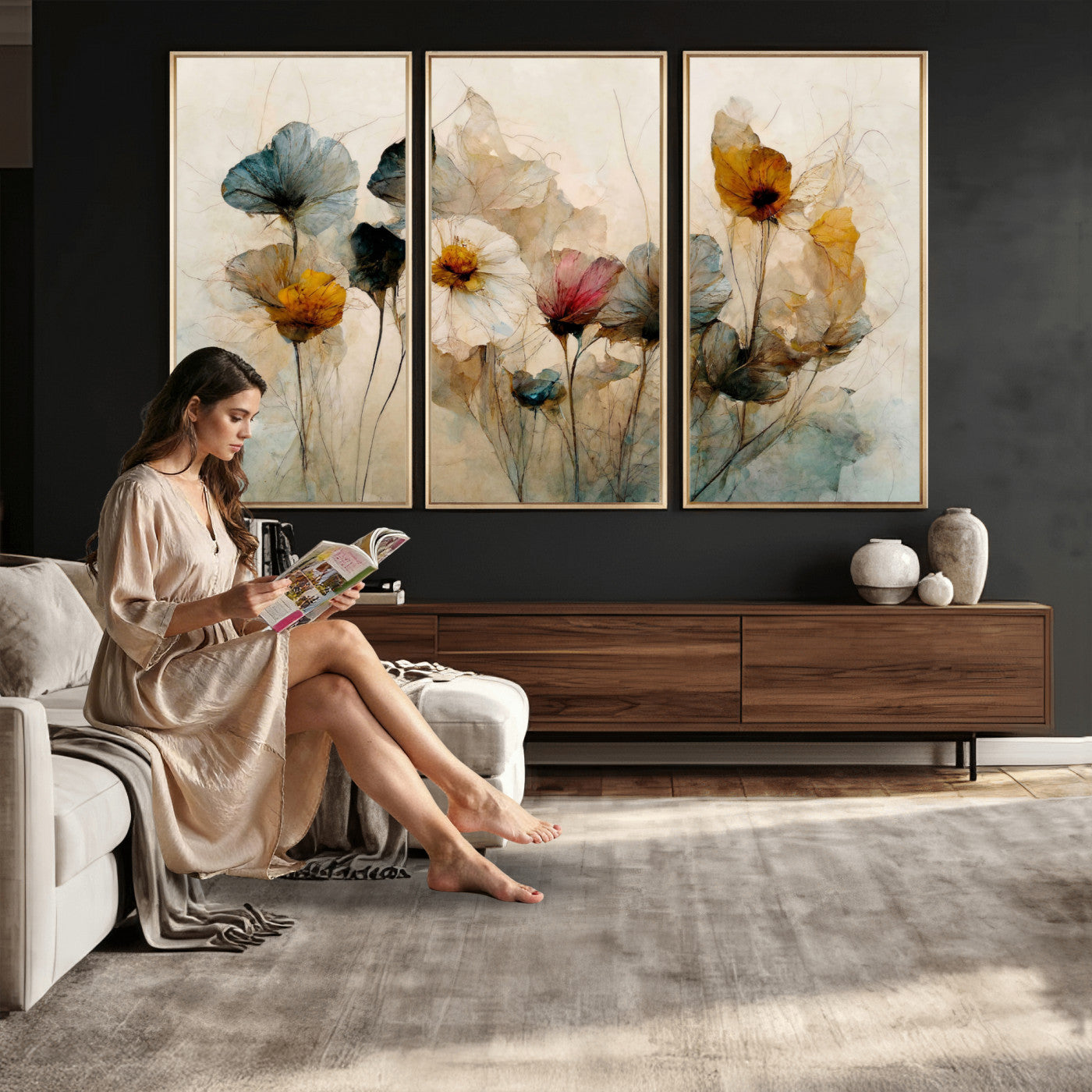86802229-MGV-CV-36X24 - Vintage Dried Floral Meadow Wall Art Canvas Print, Translucent Watercolor Flowers Painting Print