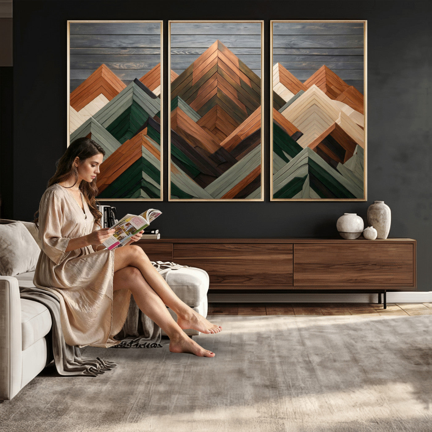 84617347-MGV-CV-36X24 - Geometric Wood Mountain Wall Art Canvas Print, 3D Look Rustic Mosaic Landscape Print
