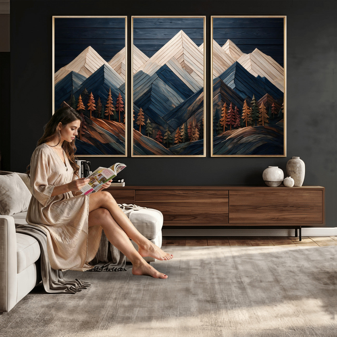 87765072-MGV-CV-36X24 - Geometric Wood Mountain Wall Art Canvas Print, 3D Look Rustic Mosaic Landscape Print