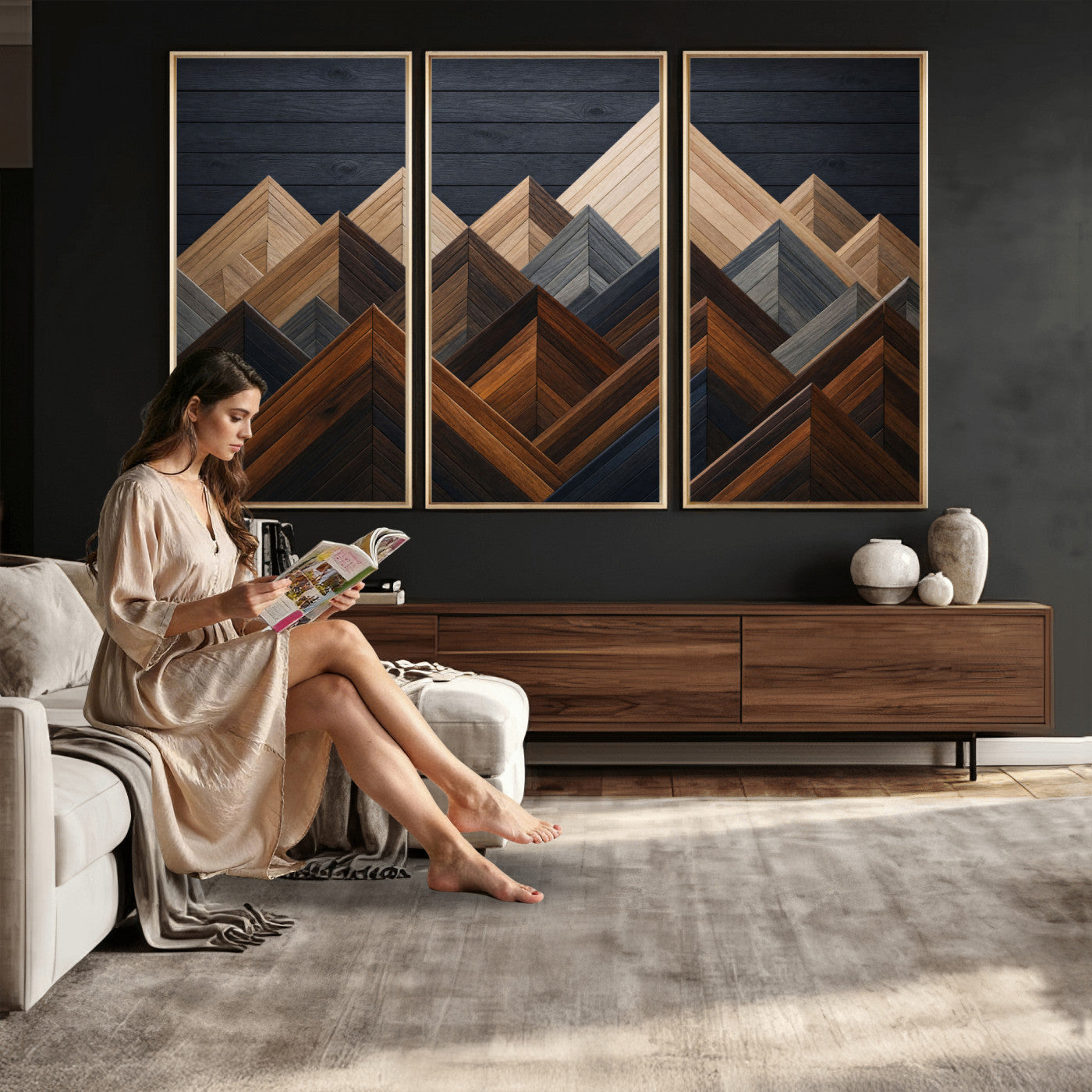 70531117-MGV-CV-36X24 - Geometric Wood Mountain Wall Art Canvas Print, 3D Look Rustic Mosaic Landscape Print