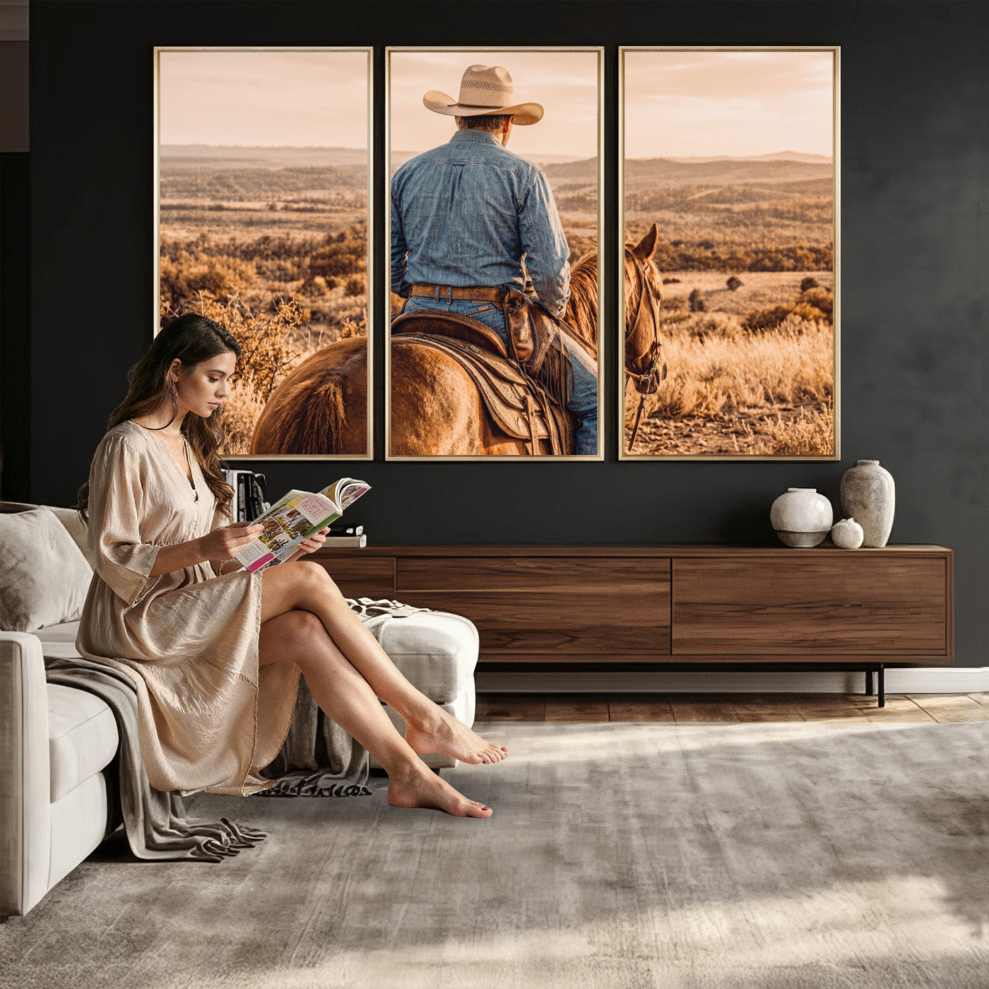 62076449-MGV-CV-36X24 - Texas Cowboy and Horse Print for Western Wall Art Decor for Farmhouse