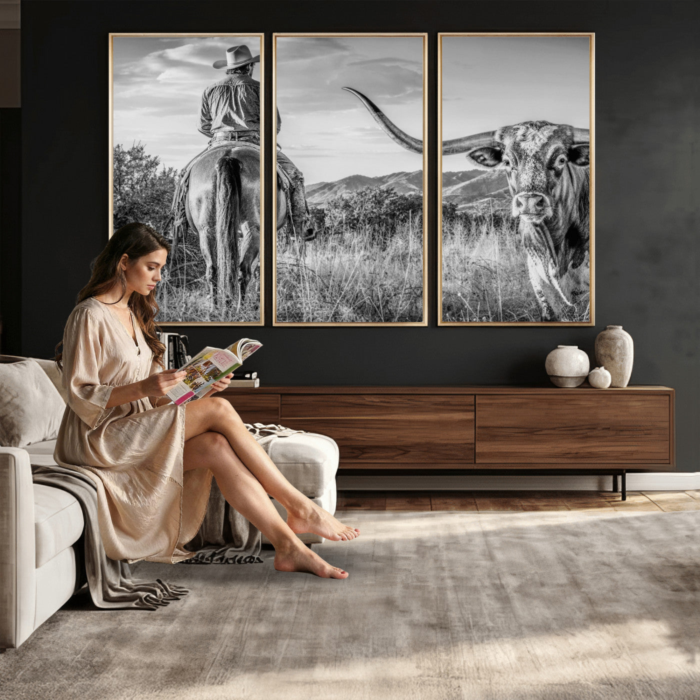 62076449WB-MGV-CV-36X24 - Texas Cowboy and Longhorn Bull Print for Western Wall Art Decor for Farmhouse