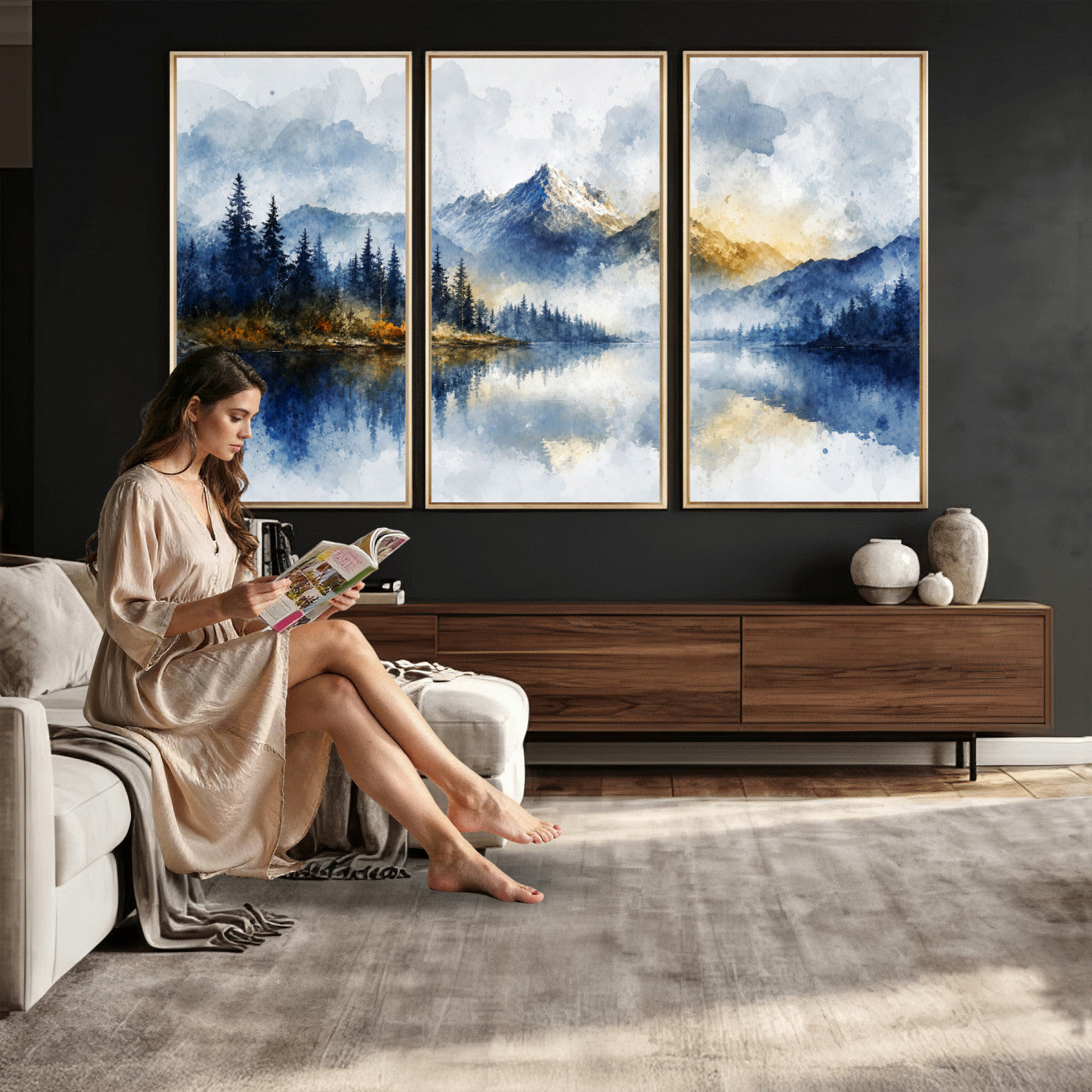 62076449DG-MGV-CV-36X24 - Abstract Watercolor Mountain Lake Wall Art Print for Living Room Decor