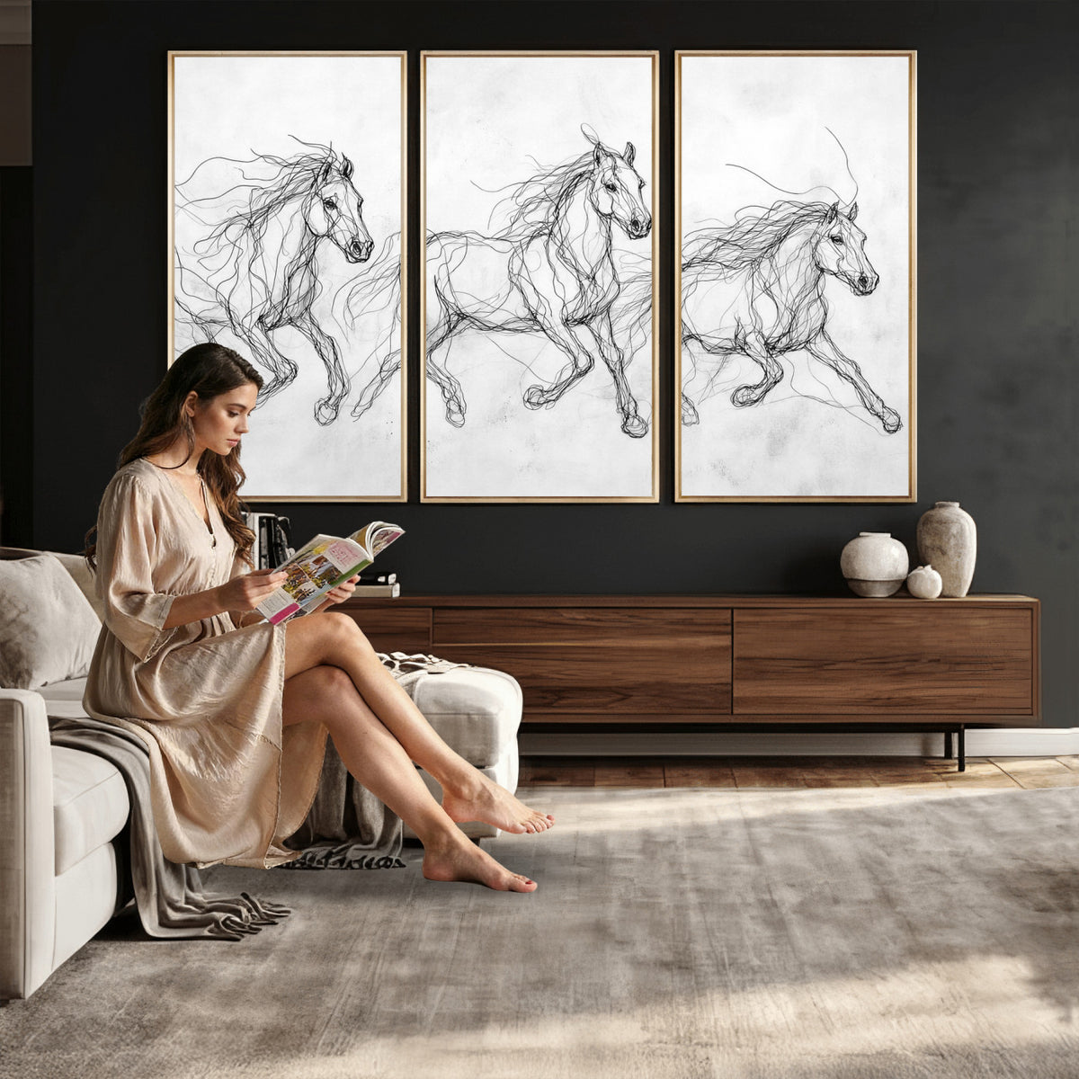 53600119-MGV-CV-36X24 - Monochrome Horse Canvas Wall Art, Black Ink Sketch Wild Horses Print, Minimalist Equestrian Artwork, Modern Abstract Line Decor, Urban Loft Gift