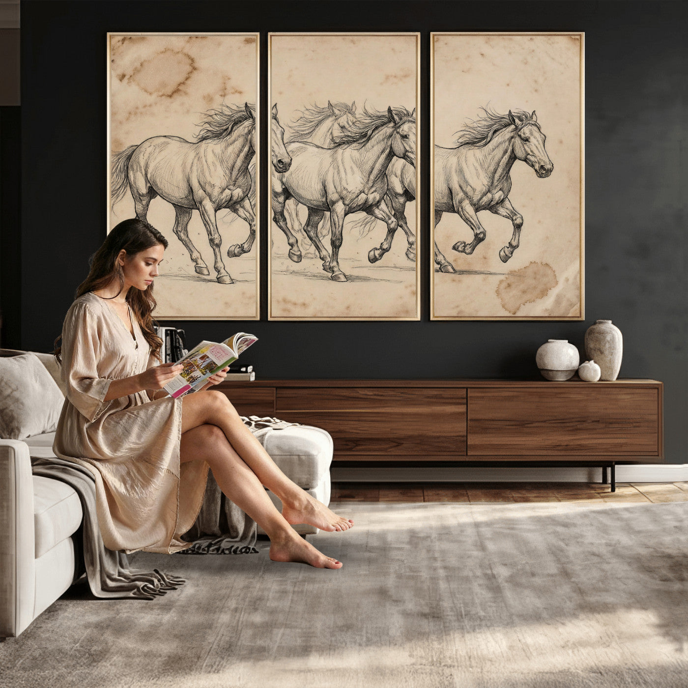 56046981-MGV-CV-36X24 - Sepia Wild Horses Canvas Art, Antique Pencil Drawing Print, Vintage Gallery Wall Decor, Rustic Equestrian Artwork, Traditional Den Gift