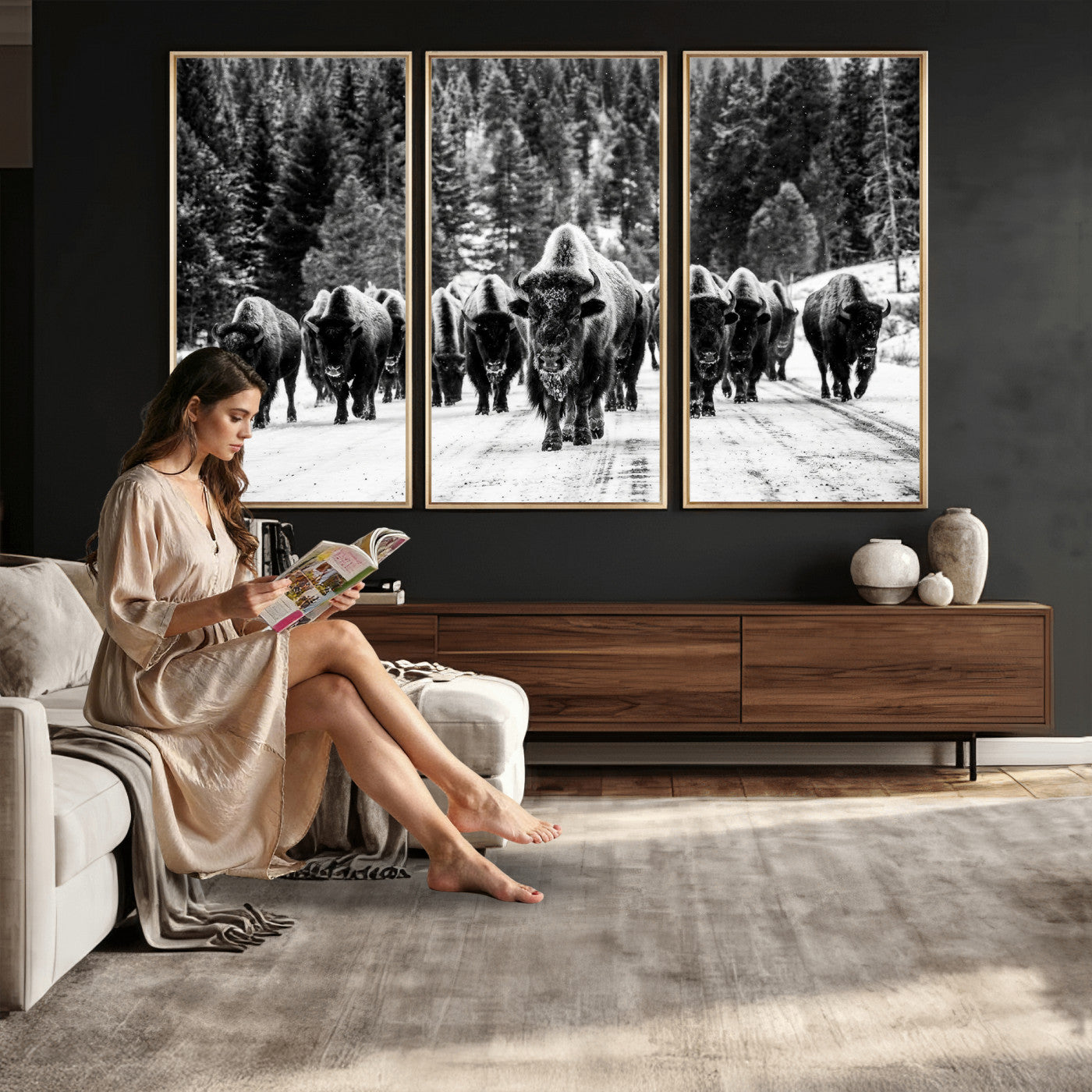 79337077-MGV-CV-36X24 - Black and White Bison Canvas Art, American Buffalo Print, Winter Wildlife Photography, Rustic Forest Wall Decor, Large Statement Nature Gift