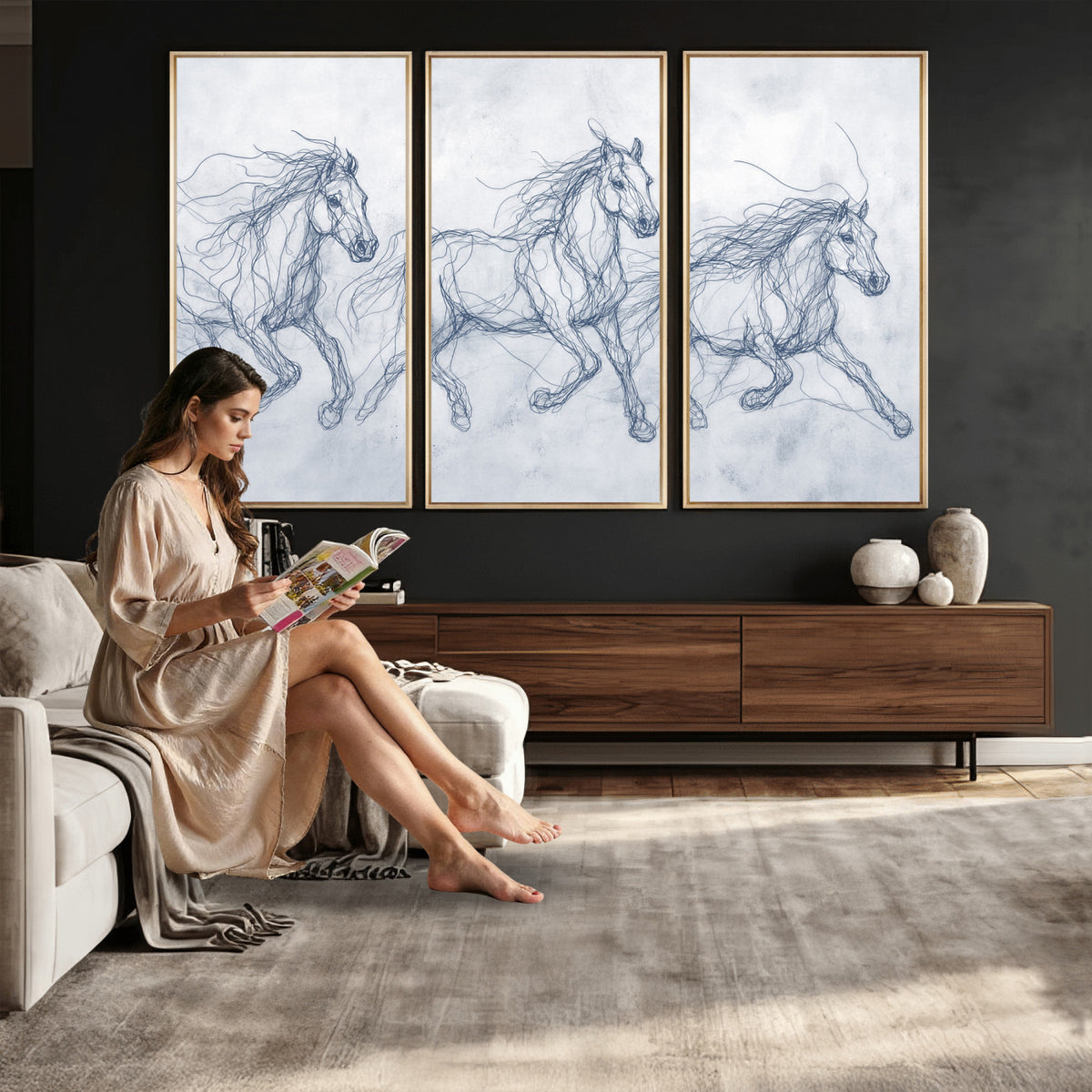 41163601-MGV-CV-36X24 - Indigo Blue Horse Line Art Canvas, Steel Grey Wild Horses Print, Abstract Navy Scribble Artwork, Modern Slate Equine Wall Decor, Coastal Ranch Gift