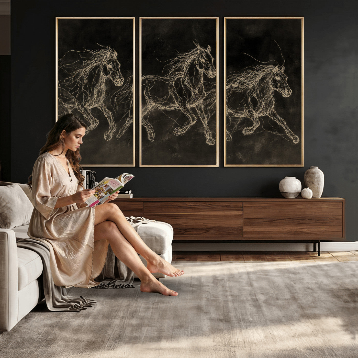 15344242-MGV-CV-36X24 - Dark Horse Line Art Canvas, Gold Scribble Wild Horses Print, Black Chalkboard Wall Art, Modern Luxury Equine Decor, Masculine Office Gift