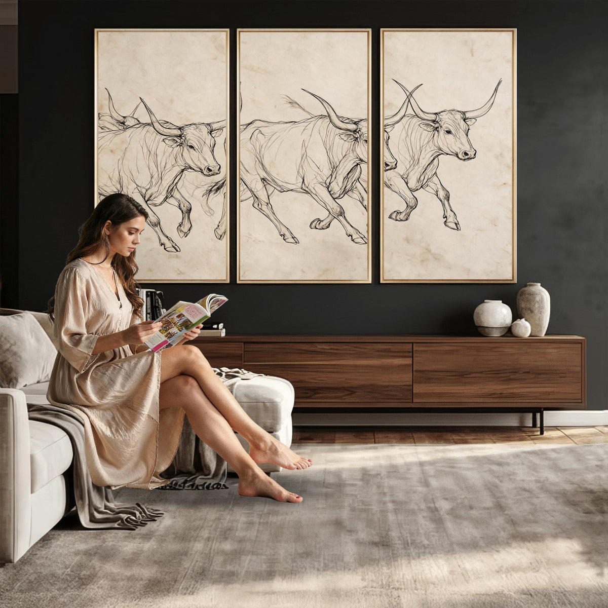 87177621-MGV-CV-36X24 - Minimalist Longhorn Line Art, Modern Texas Bull Canvas Print, Abstract Western Wall Decor, Continuous Line Artwork, Black White Ranch Gift