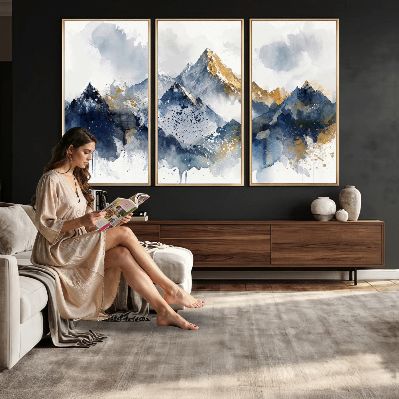 87460616-MGV-CV-36X24 - Abstract Mountain Canvas Wall Art, Blue Gold Foil Landscape Print, Modern Indigo Watercolor Poster, Large Abstract Nature, Luxury Office Gift