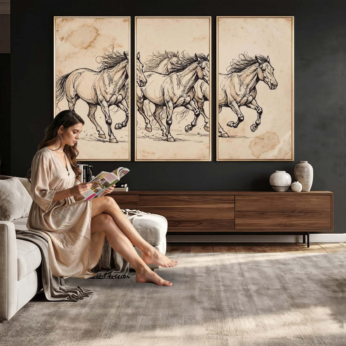 18242163-MGV-CV-36X24 - Vintage Horse Sketch Canvas Wall Art, Wild Horses Pencil Drawing Print, Antique Parchment Western Decor, Equine Sketching, Country Manor Gift