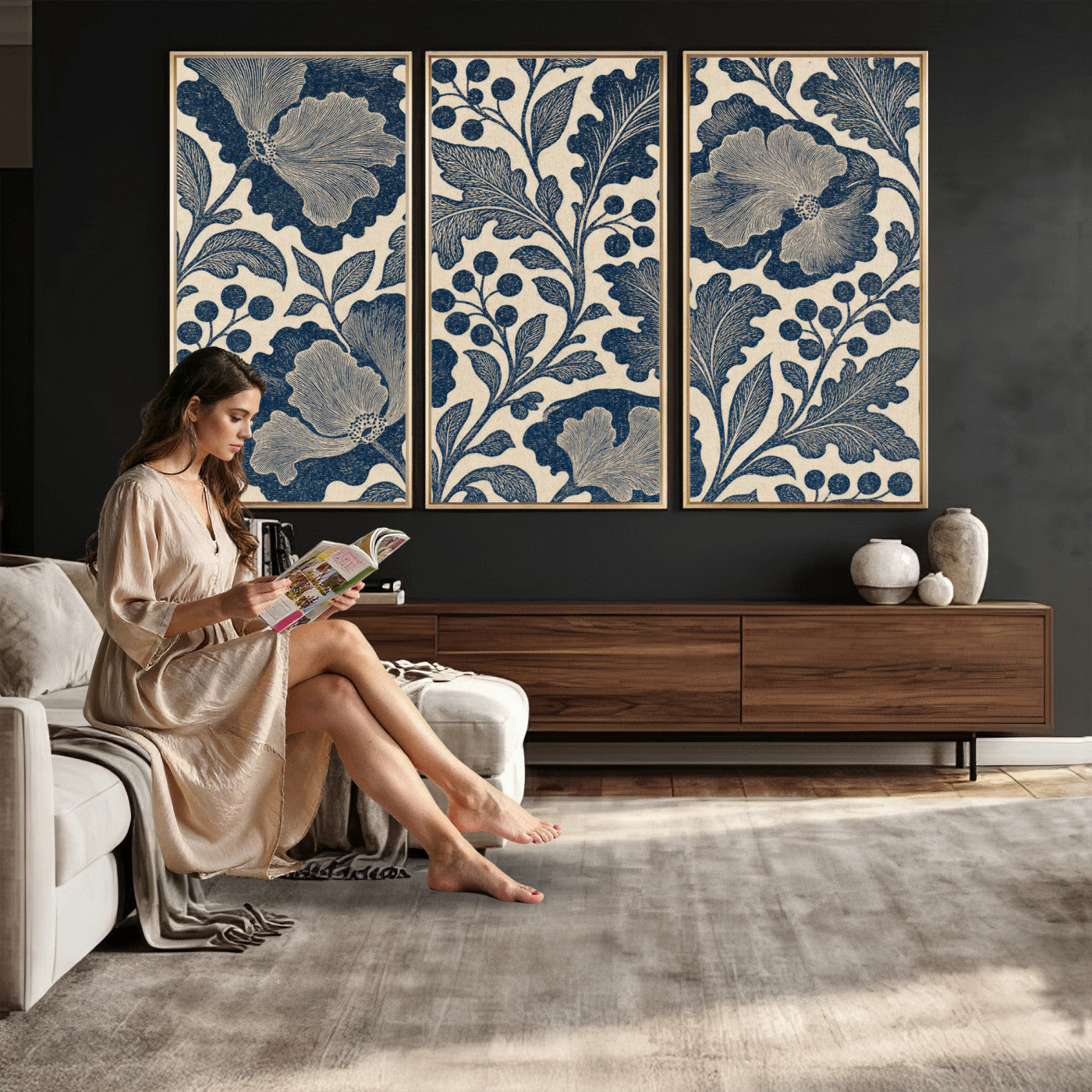 23824002-MGV-CV-36X24 - William Morris Style Navy Blue Floral Wall Art Canvas Print, Vintage Cream Botanical Painting Print