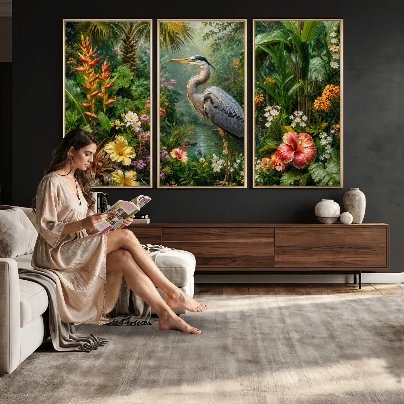 81059387-MGV-CV-36X24 - Great Blue Heron Tropical Jungle Wall Art Canvas Print, Exotic Botanical Garden Painting Print