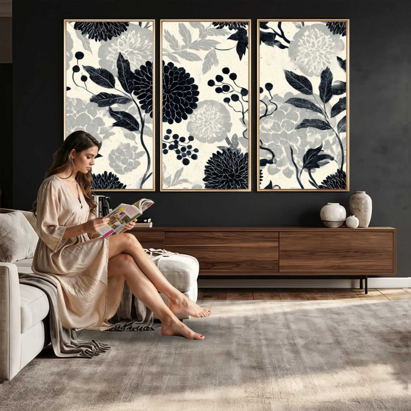 61524791-MGV-CV-36X24 - Vintage Black Chrysanthemum Wall Art Canvas Print, Monochrome Dhalia Floral Painting Print