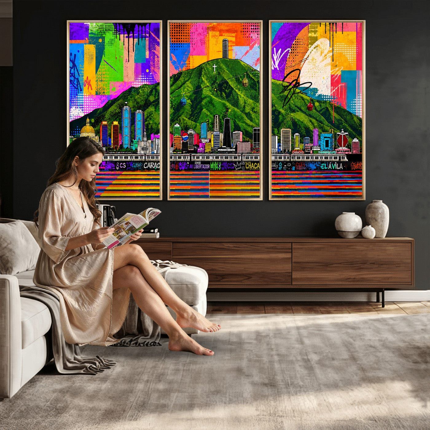 86696255-MGV-CV-36X24 - Mount Ávila, Caracas, Venezuela Wall Art Print by Artist Yorlette - Graffiti Caracas Skyline Canvas Art, Colorful Street Artwork - Venezuela El Avila Poster Print