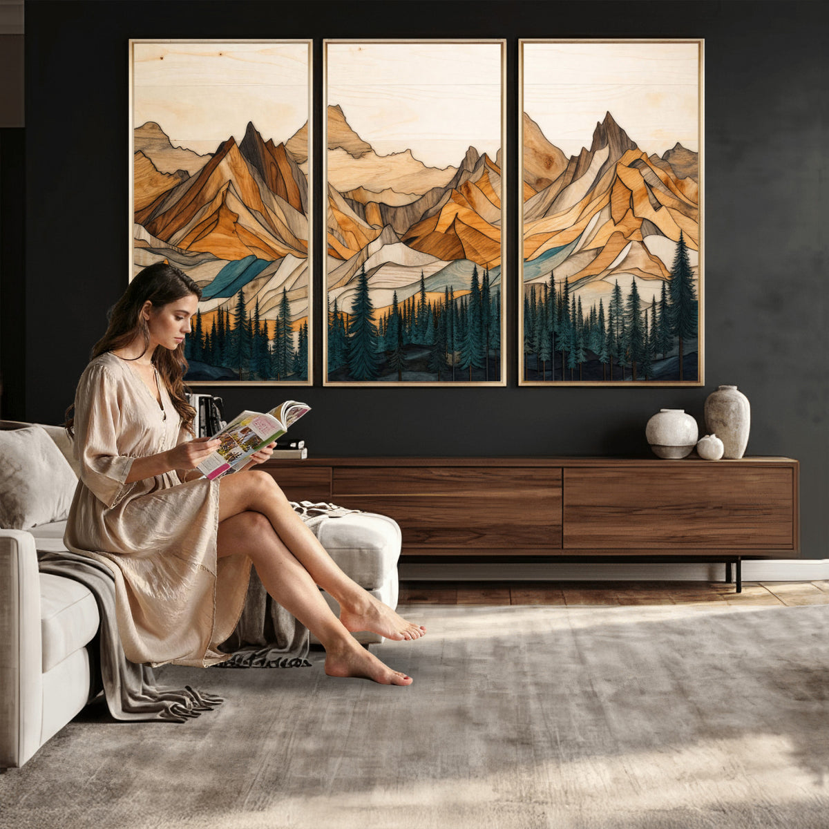 57384313-MGV-CV-48X32-3P - Mountain Landscape Canvas Wall Art with Wood Grain Effect, Golden Peaks and Teal Pine Forest, Framed Cabin Decor