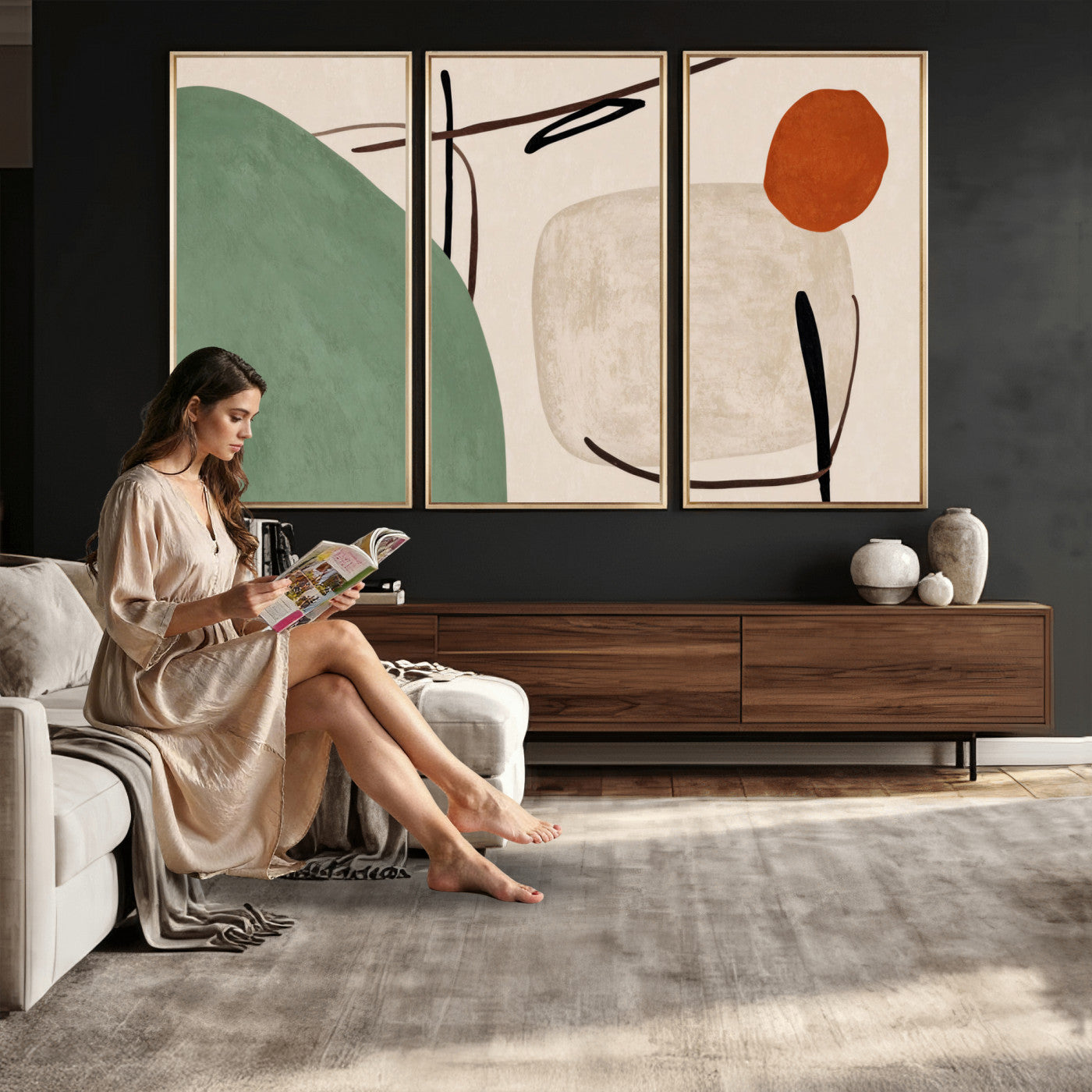46798824-MGV-CV-48X32-3P - Mid Century Modern Geometric Canvas Wall Art, Abstract Triptych Print