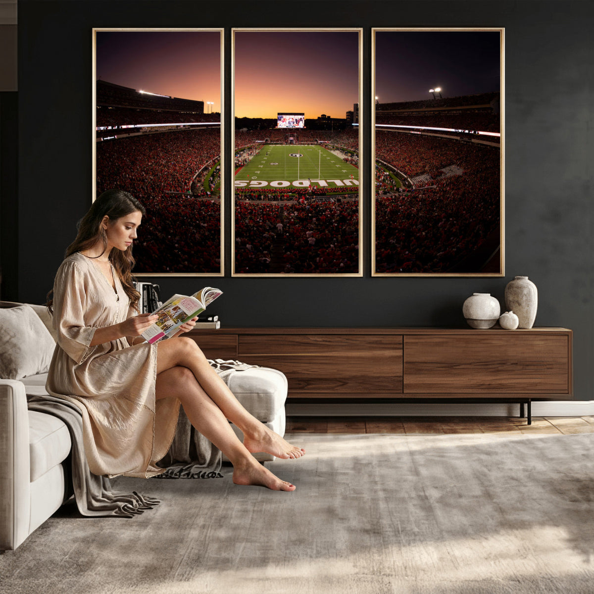 97720998-_Poster-30x20 - Georgia Bulldogs Stadium Sunset Canvas Print 3 Piece Framed Wall Art Extra Large Floating Frame Sports Poster Made in USA