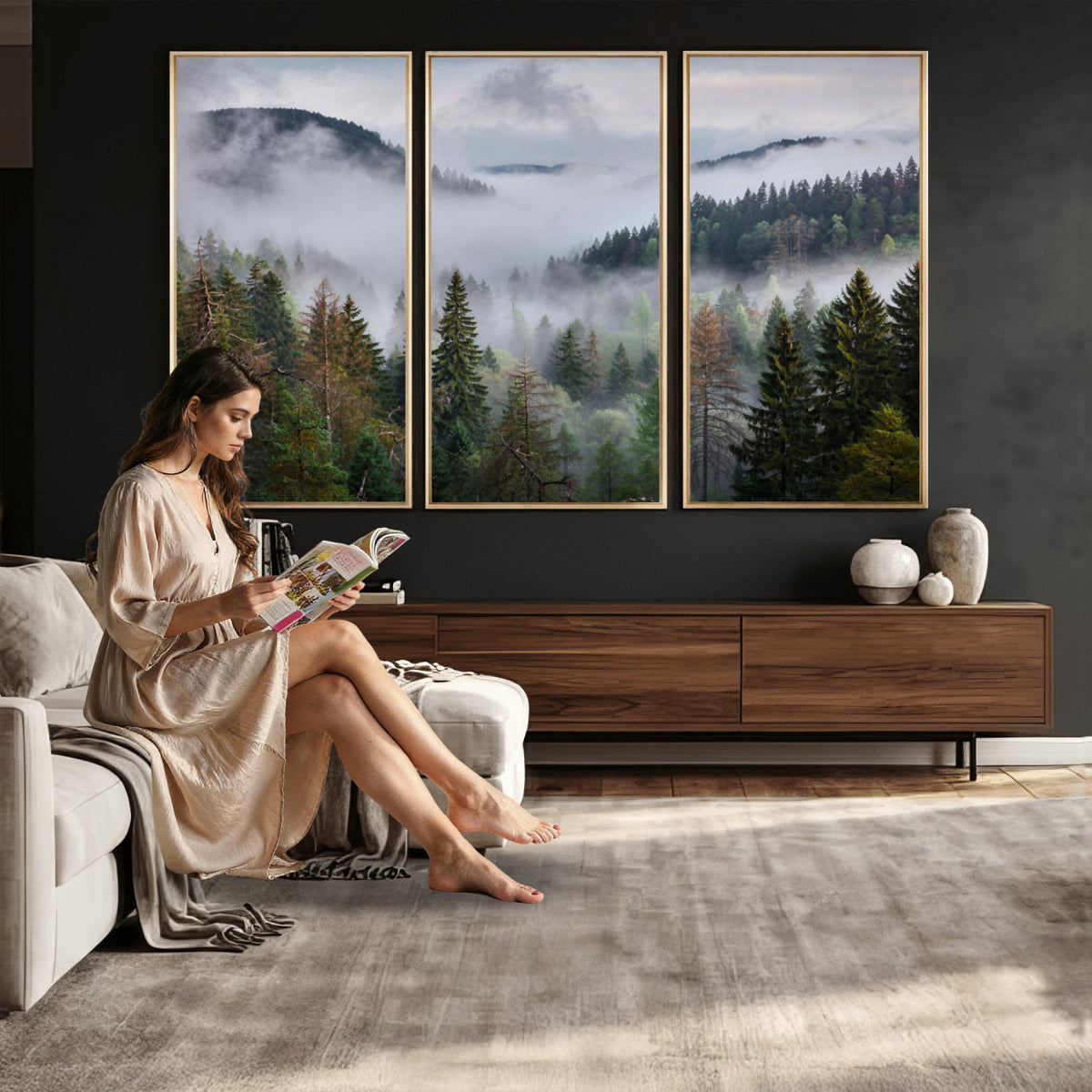 18735847-_Poster-30x20 - Foggy Pine Forest Mountain Canvas Print 3 Piece Framed Wall Art Extra Large Floating Frame Nature Poster Made in USA