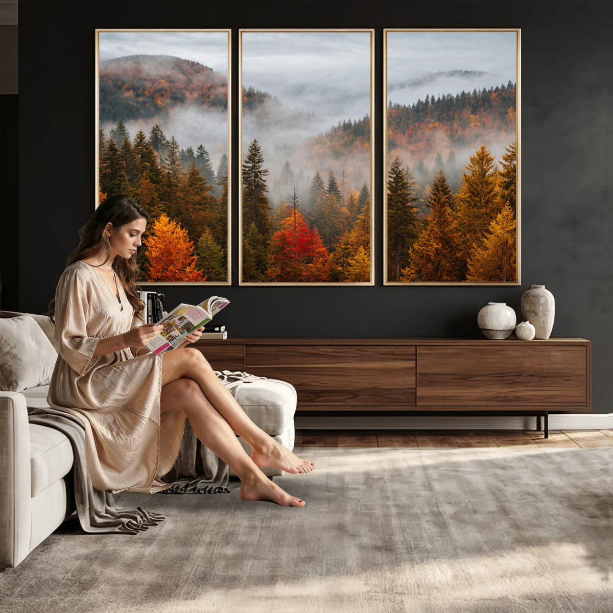 87481341-_Poster-30x20 - Foggy Autumn Mountain Canvas Print Smoky Pine Forest Wall Art Panoramic Nature Poster 3 Piece Made in USA