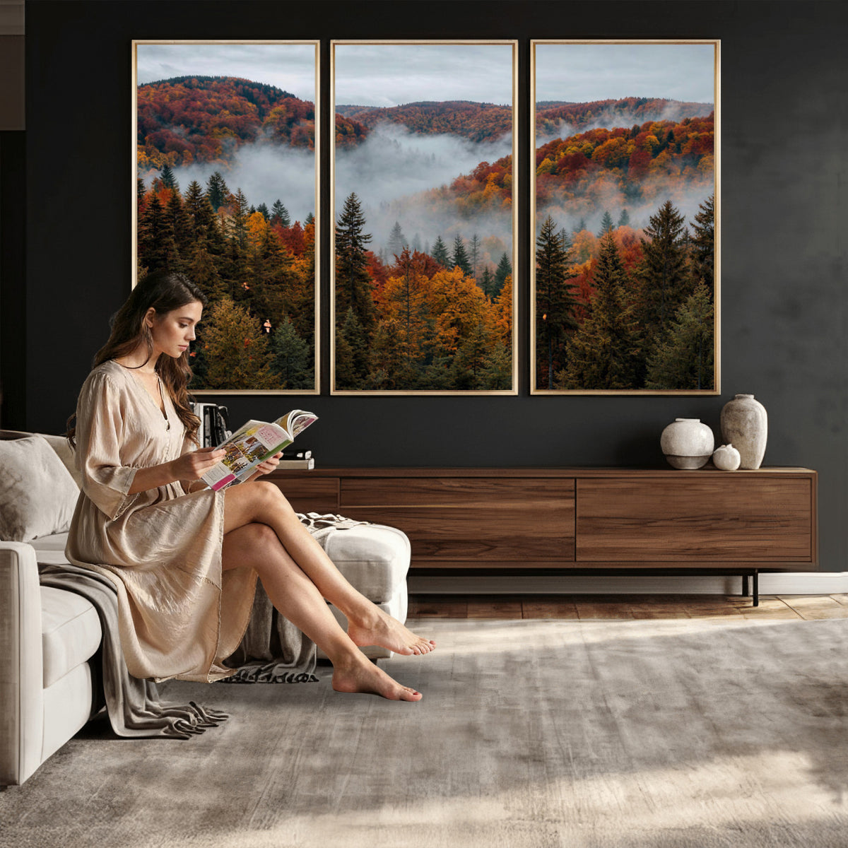 26686263-_Poster-30x20 - Misty Autumn Forest Mountain Canvas Print 3 Panel Wall Art Gallery Wrapped Floating Frame Poster Made in USA