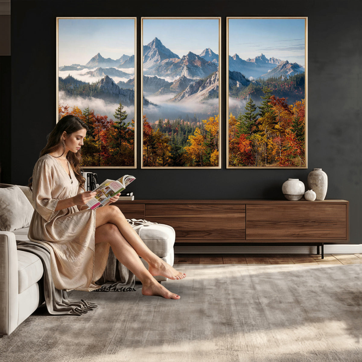38847944-MGV-TP-30X20 - Majestic Mountain Peak Canvas Wall Art - Panoramic Autumn Forest Fog Landscape Print