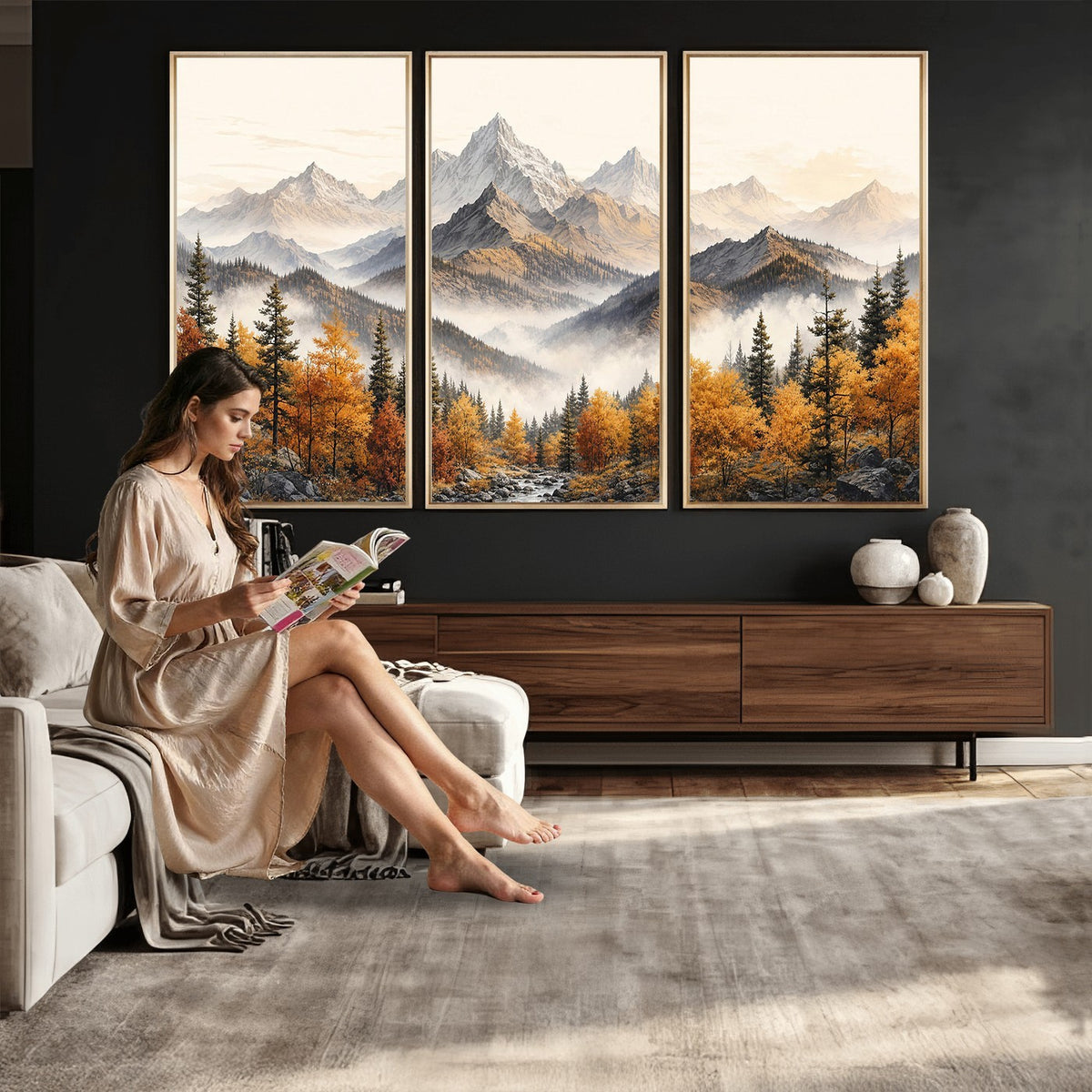 21309099-_Poster-30x20 - Extra Large Misty Mountain Autumn Forest Canvas Wall Art - Watercolor Fall Nature Landscape Print
