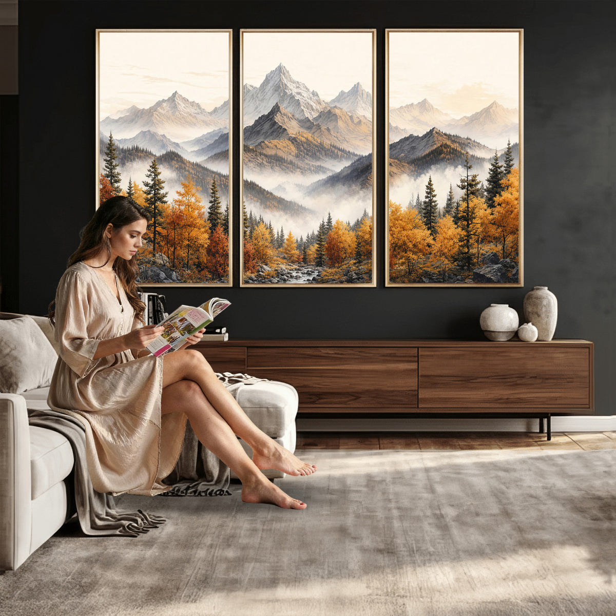 21309099-MGV-TP-30X20 - Extra Large Misty Mountain Autumn Forest Canvas Wall Art - Watercolor Fall Nature Landscape Print