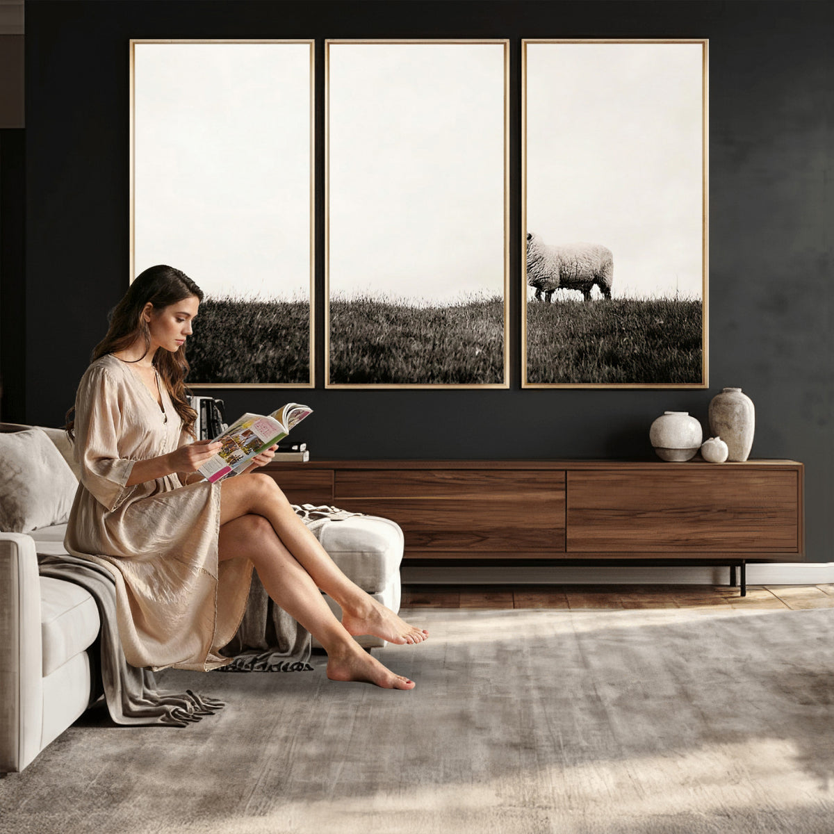 72749448-MGV-TP-30X20 - Minimalist Sepia Sheep Canvas Wall Art - Rustic Farmhouse Country Landscape Print