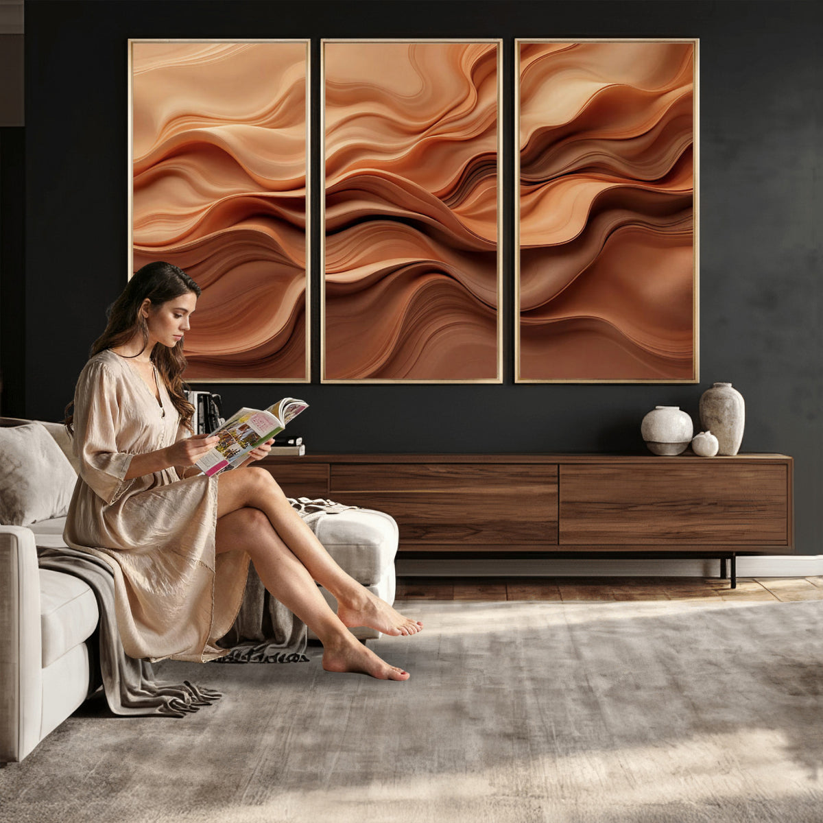 82230697-MGV-CV-36X24 - Modern Abstract Fluid Waves Canvas Wall Art - Minimalist Warm Terracotta Beige Sand Print
