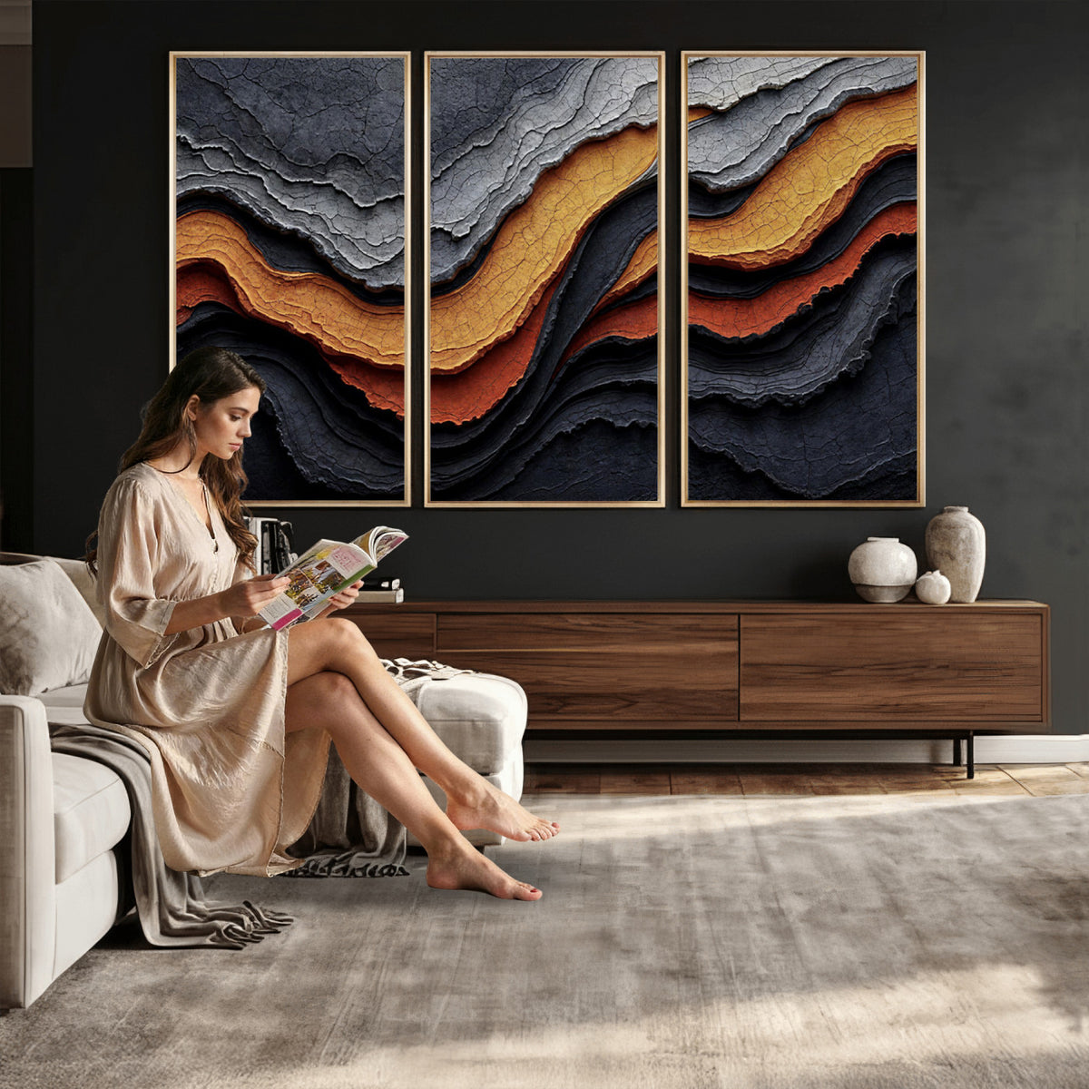59852489-MGV-CV-36X24 - Abstract Waves Canvas Wall Art - Modern Terracotta and Charcoal Gray Print