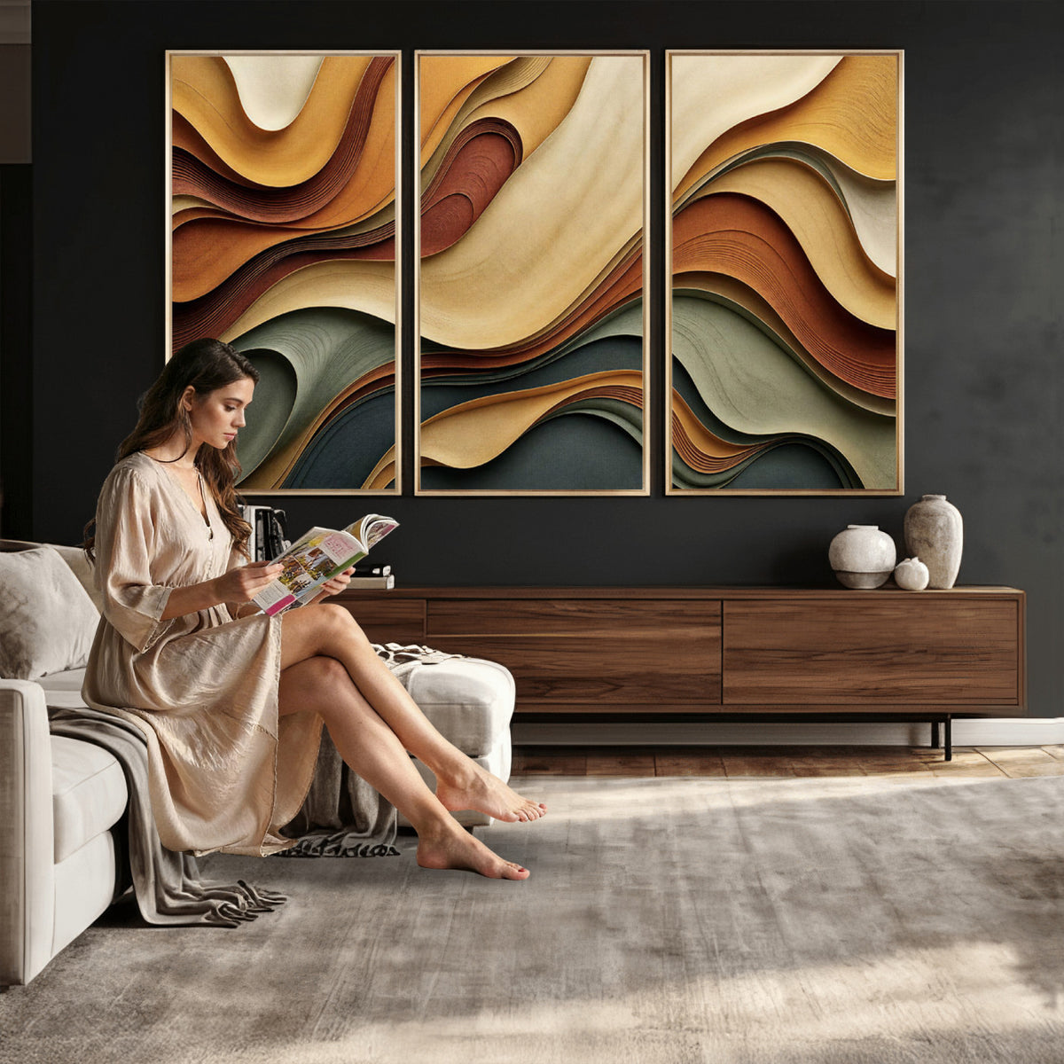 19337902-MGV-CV-36X24 - Modern Abstract Waves Canvas Wall Art - Minimalist Earthy Tone Living Room Decor