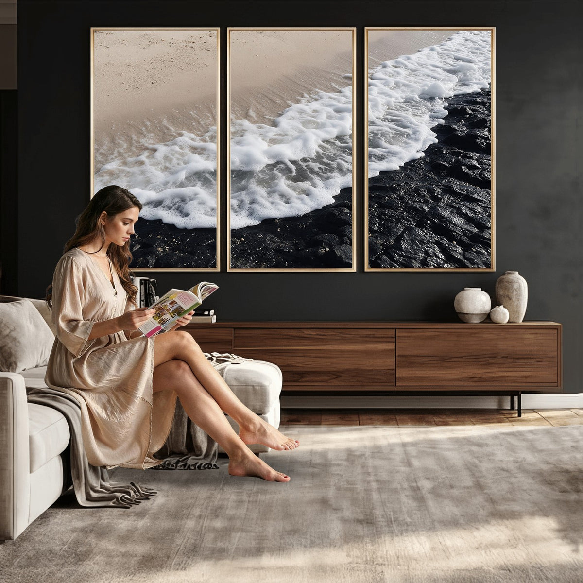 27448606-MGV-CV-24X16 - Ocean Wave Foam on Black Lava Rock Beach Canvas Wall Art Print