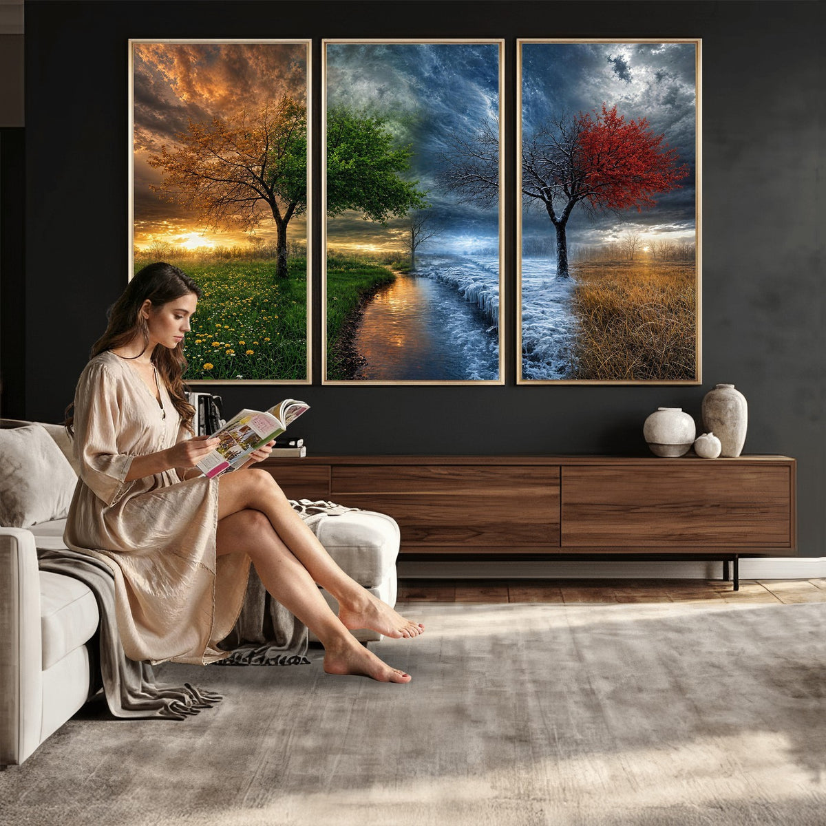 61895574-MGV-CV-24X16 - Four Seasons Tree Canvas Wall Art, Nature Landscape Canvas Print for Living Room