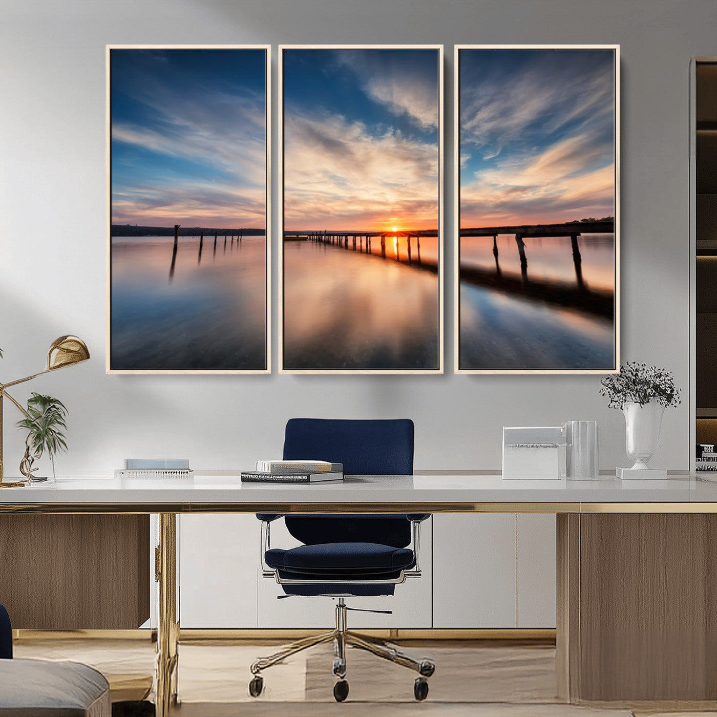 MGV-FC-48X32-3P - Wooden Pier on Seascape and Sunset Wall Art Canvas Print