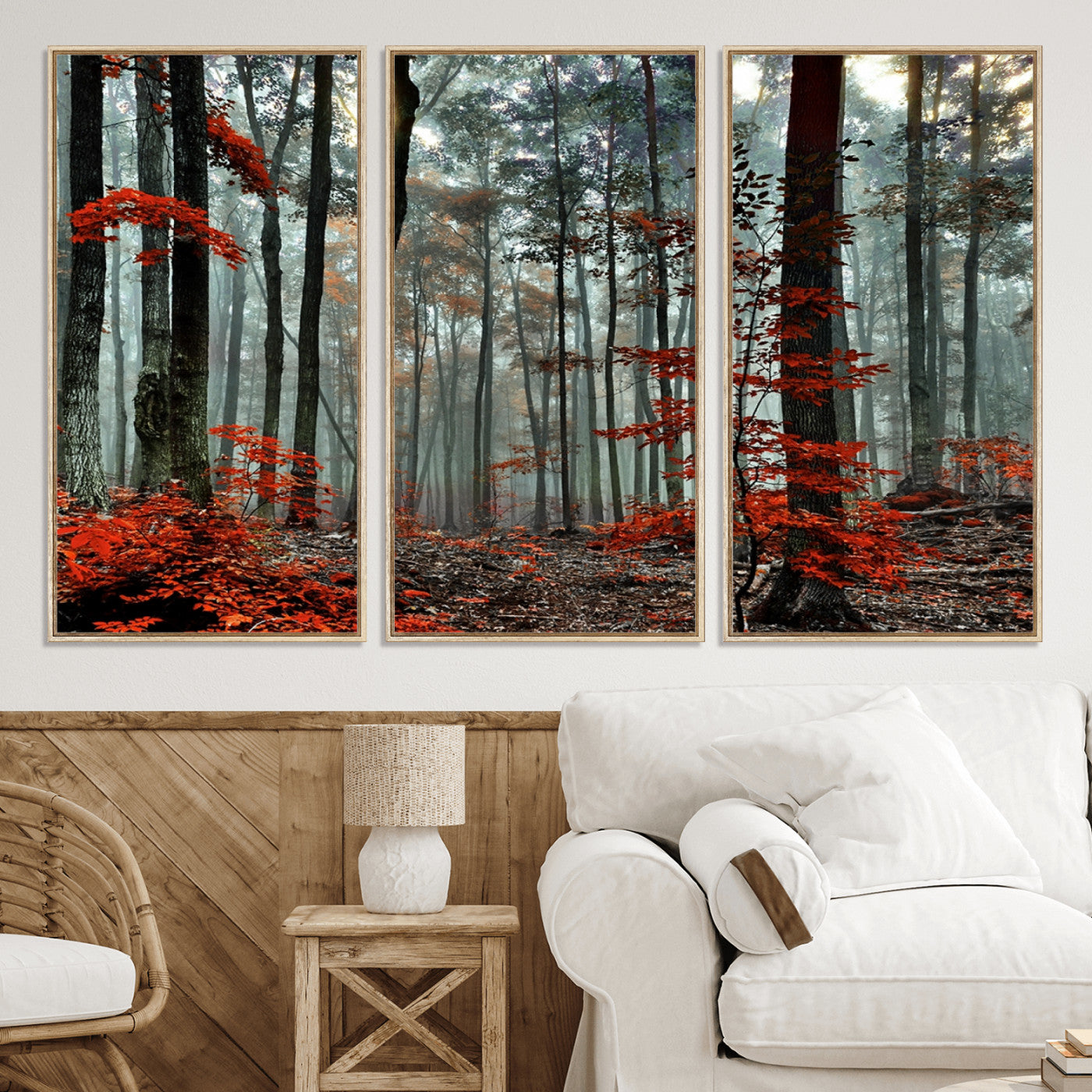 59209-MGV-CV-36X24-Autumn Forest Canvas Wall Art – Enchanting Red Leaves Triptych Print – Nature-Inspired Decor for Living Room or Office – Ready to Hang