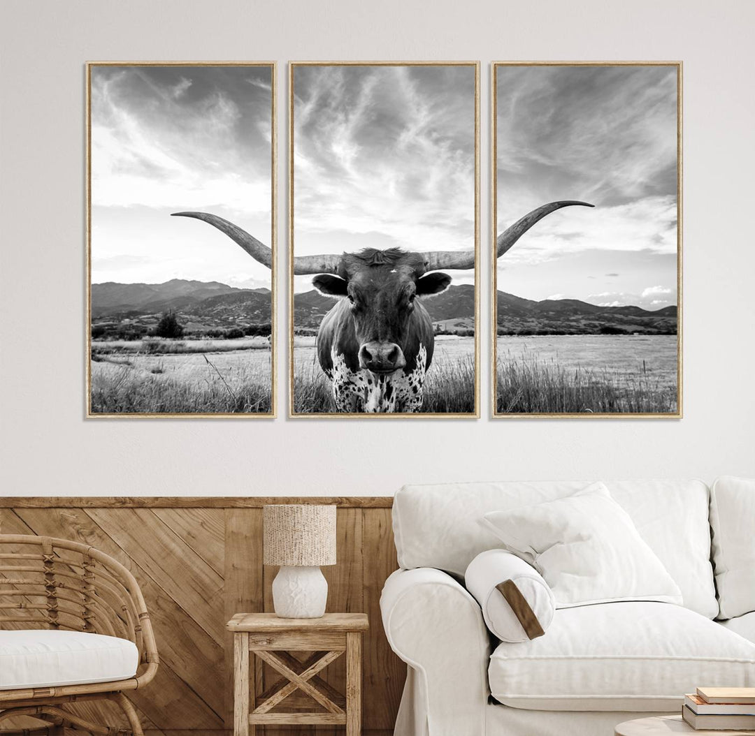 Longhorn Cow Wall Art Canvas Print Farmhouse Wall Art - Texas Longhorn Wall Art Print