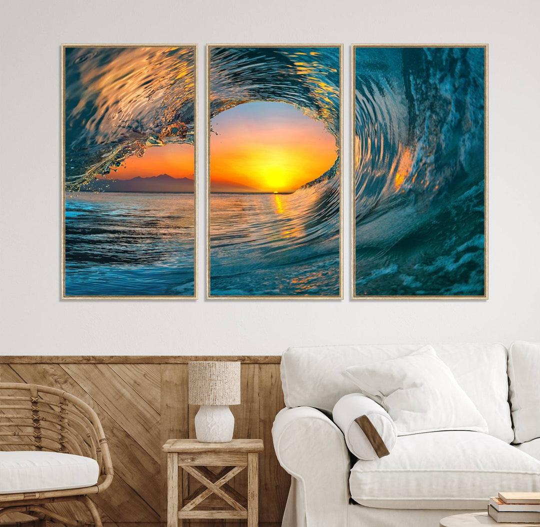 The Ocean Wave Sunset Wall Art canvas print features a vibrant ocean wave at sunset, forming a tunnel with silhouetted mountains.