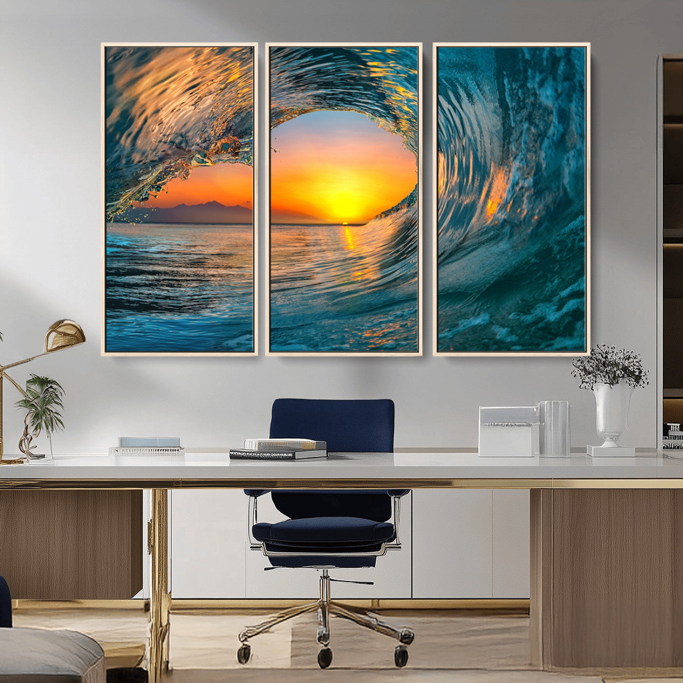 MGV-FC-48X32-3P - Ocean Wave Sunset Wall Art | Large Coastal Wave Canvas Print | 3-Panel Ocean Sunset Seascape for