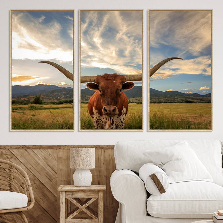 Texas Longhorn Canvas Wall Art – Majestic Triptych Animal Print – Rustic Western Decor for Living Room or Office – Ready to Hang