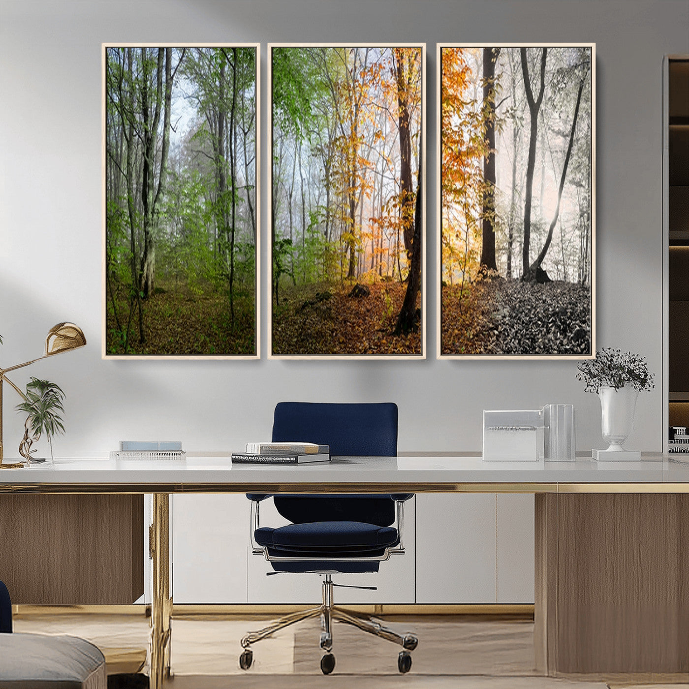 MGV-FC-48X32-3P - Four Seasons Wall Art Forest Canvas Print – Triptych Seasonal Nature Print – Landscape Decor for