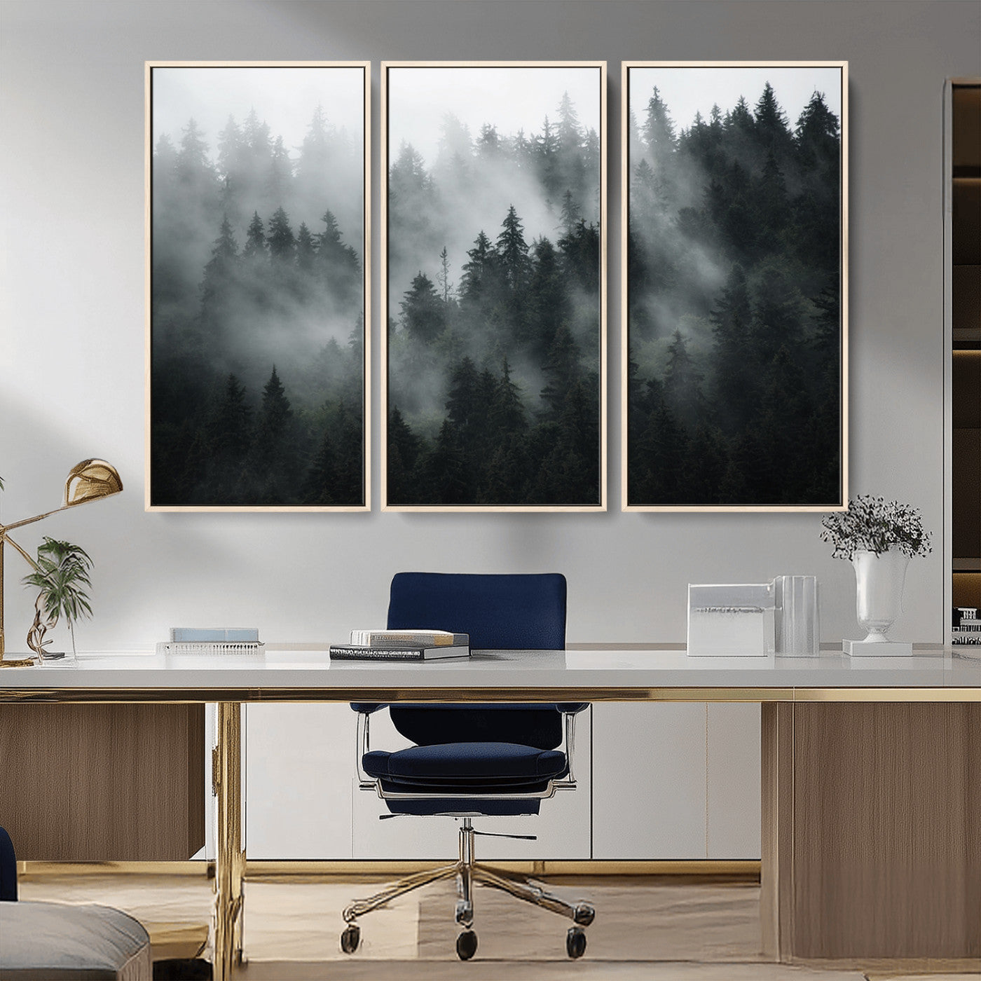 MGV-FC-48X32-3P - Foggy Forest Wall Art Canvas Print | 3 Panel Large Misty Landscape for Dining Room, Office, or