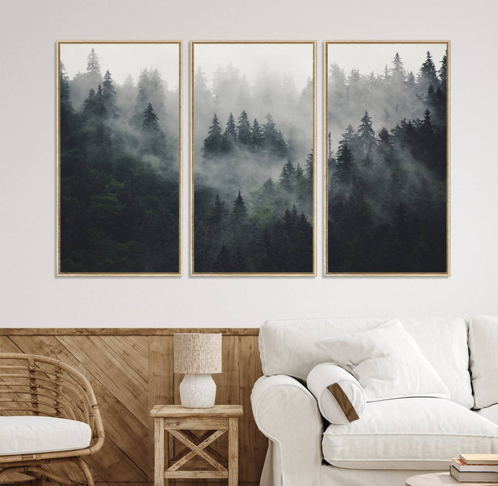 The Serene Triptych Print features tall evergreens, creating a mysterious and calming atmosphere.