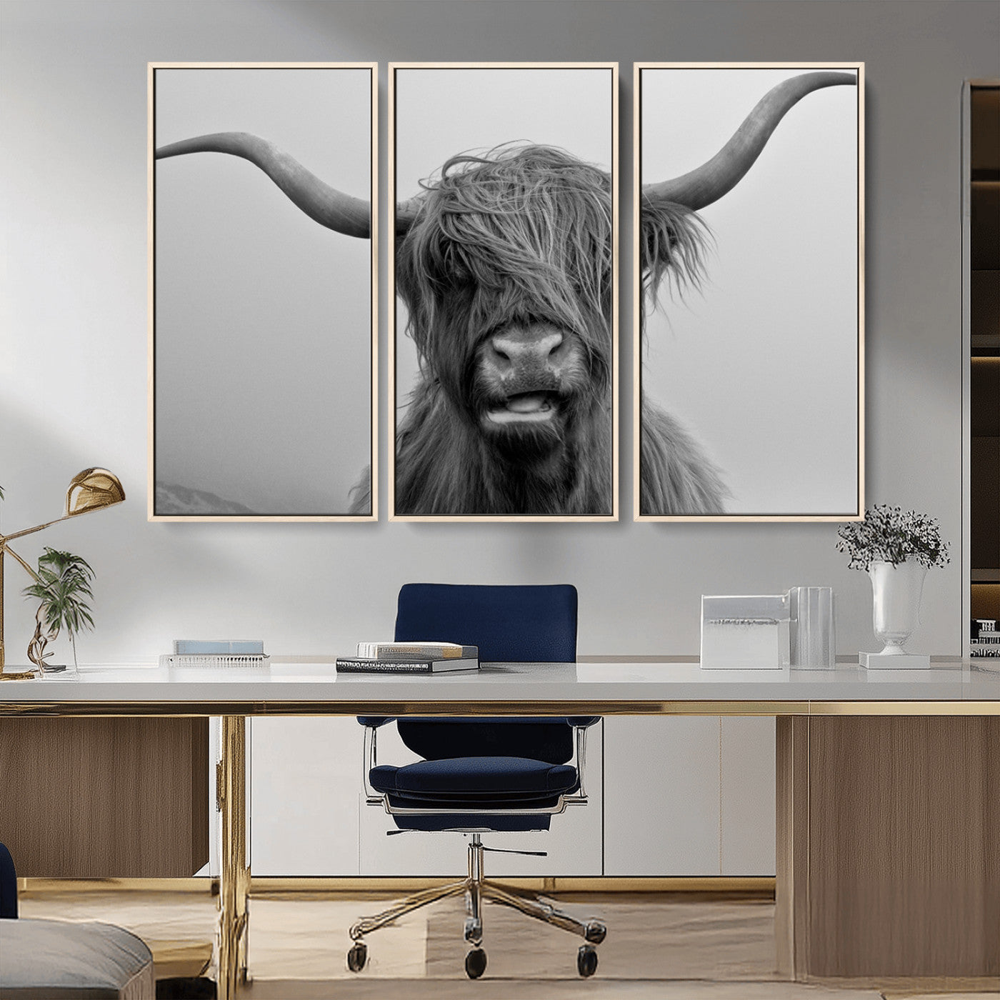 MGV-FC-48X32-3P - Texas Cow Wall Art Canvas, Texas Longhorn Cattle Canvas Print