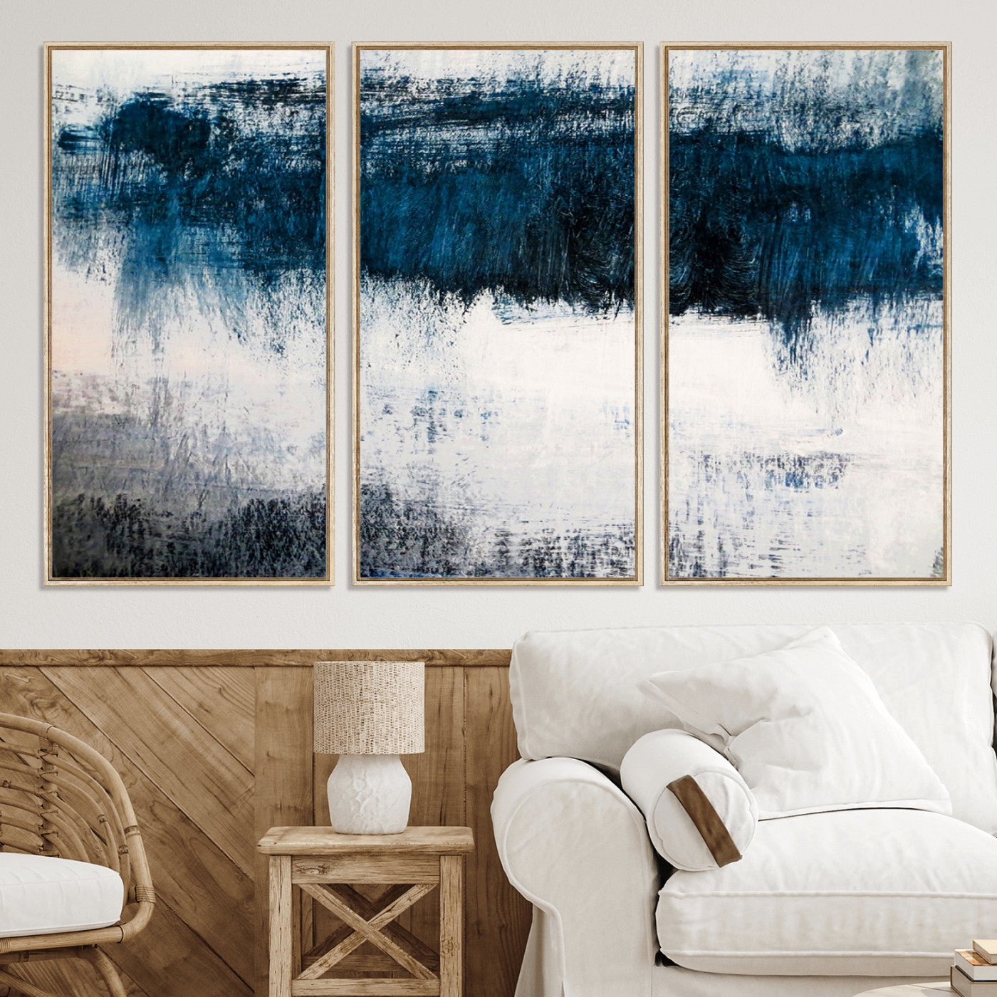 38954-MGV-CV-36X24-Abstract Blue and White Canvas Art | Large Wall Art for Modern Living Room Decor | Minimalist Brushstroke Painting on Canvas