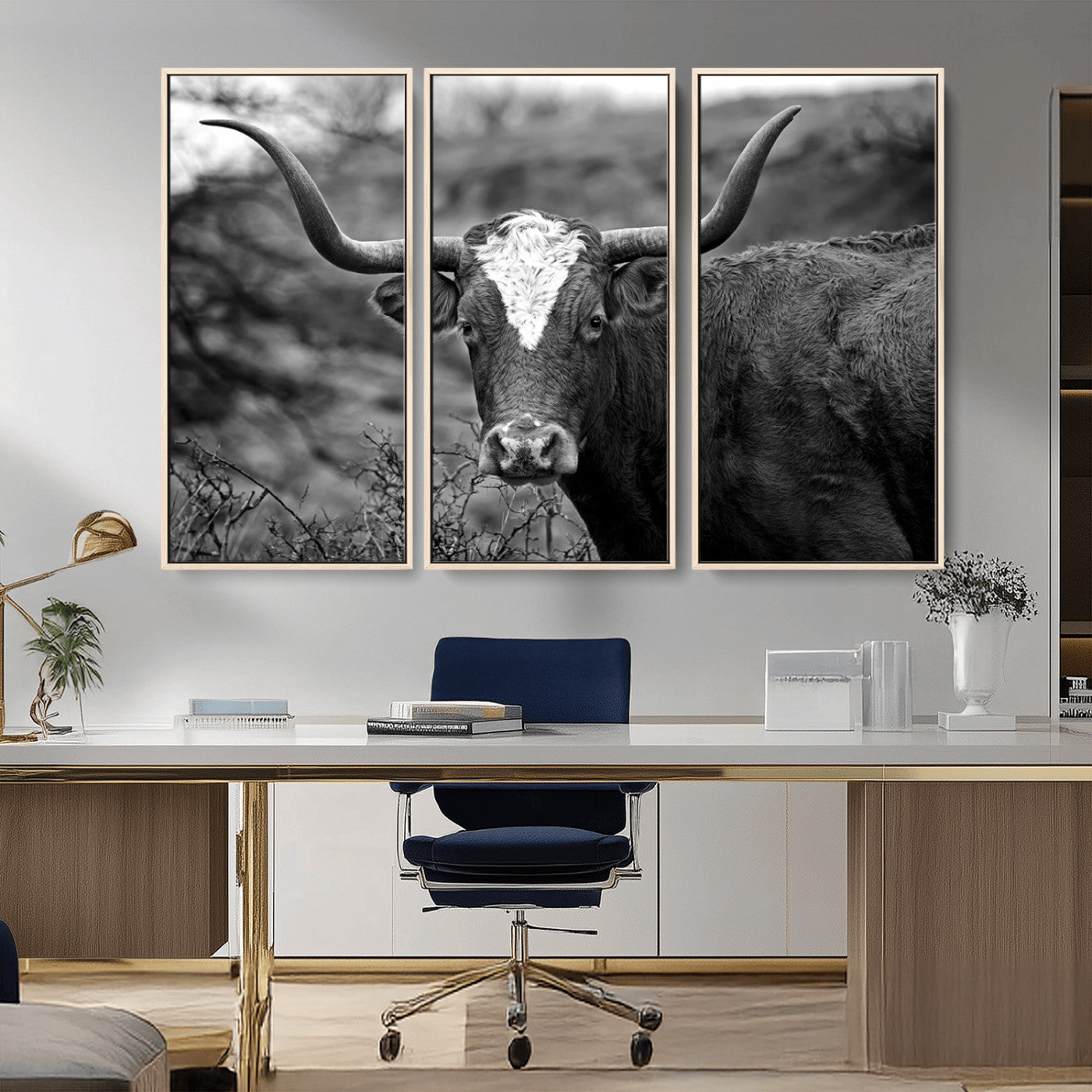 MGV-FC-48X32-3P - Western Home Wall Art Canvas Print, Framed Texas Longhorn Art Picture Print, Rustic Cow Perfect Rustic Farmhouse Decor Artwork